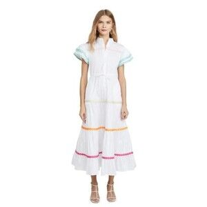 Mazik White Midi Maxi Dress Cotton Multicolor Circle Trim Layered Button Front S
